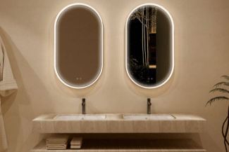 Nueva Serie BARI, el espejo elíptico con doble marco, acrílico iluminado y aluminio en negro mate